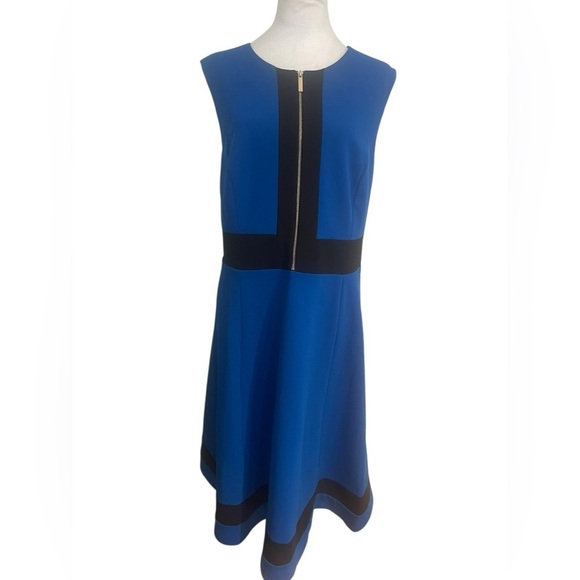 Calvin Klein Size 16W/16F/16M Blue & Black Colorblock Dress Gold Zip Mid-Length - Picture 4 of 7